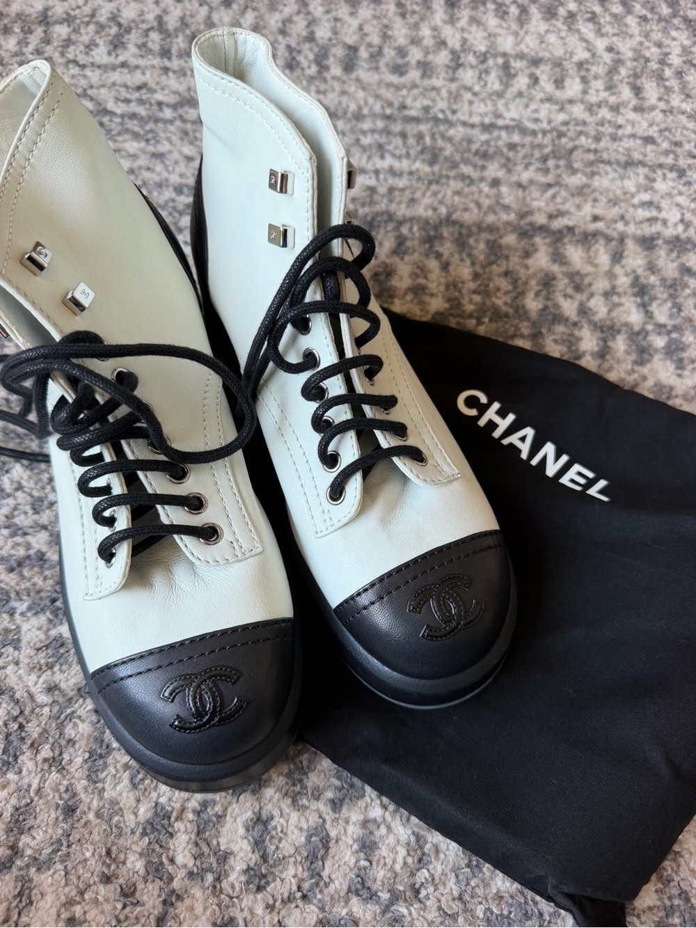 Vintage CHANEL Two-Tone Lace-Up Ankle Boots CC logo in White and Black
